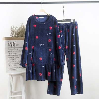 Autumn and winter plus fat extra large coral fleece pajamas women two-piece Korean cute strawberry fat mm300 kg home service