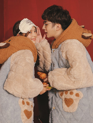 Coral velvet couple pajamas women autumn and winter models three-layer quilted long-sleeved thick suit men's flannel home service
